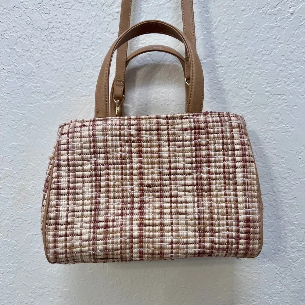 Liz Claiborne Woven Straw Plaid‎ Satchel Handbag Tan Crossbody Bag